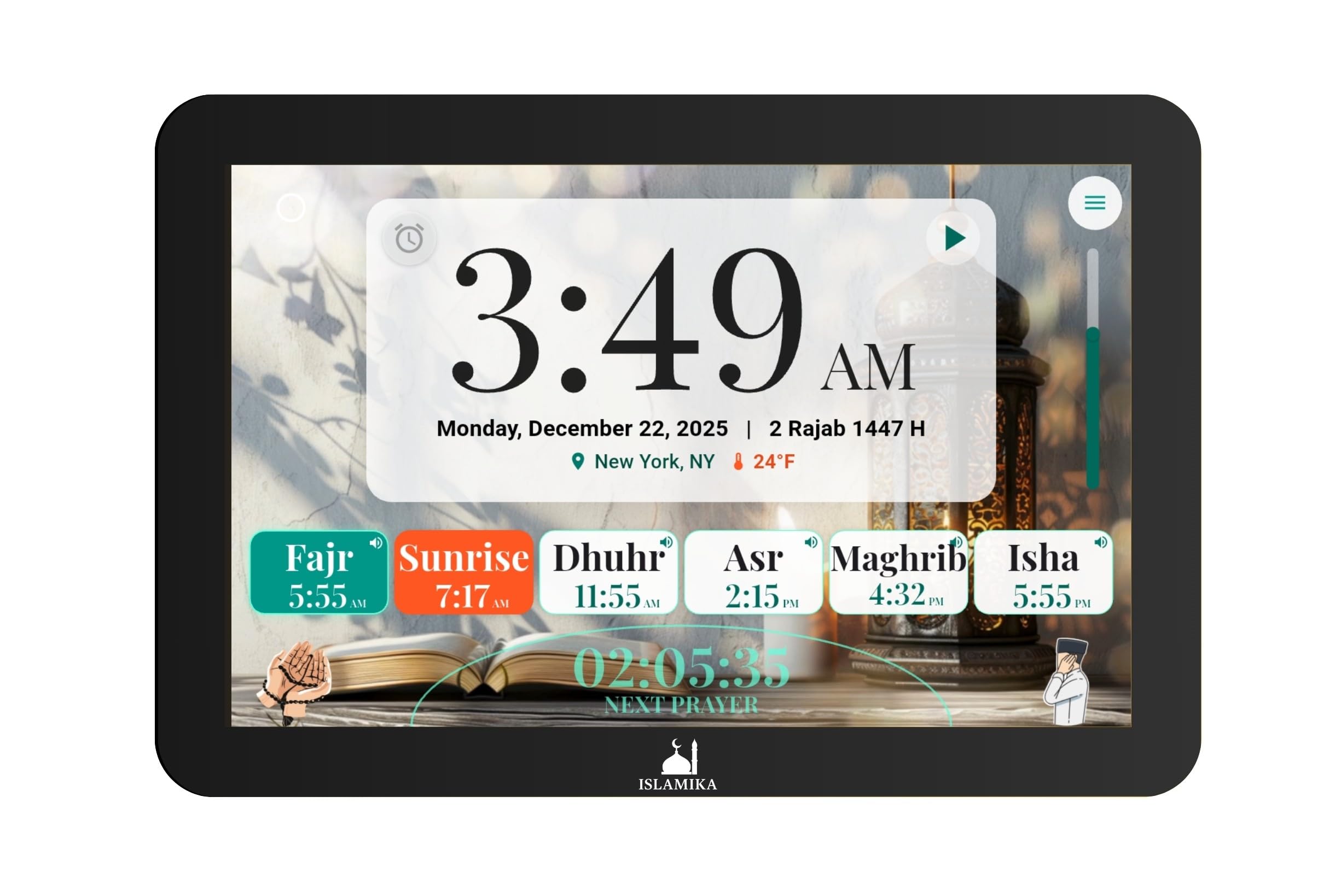 Islamika Smart Islamic Display 10” – WiFi Azan Clock, Global Prayer Times, Full Quran Audio & Text, Daily Verses, Kids Learning & Habits Tracker (10,