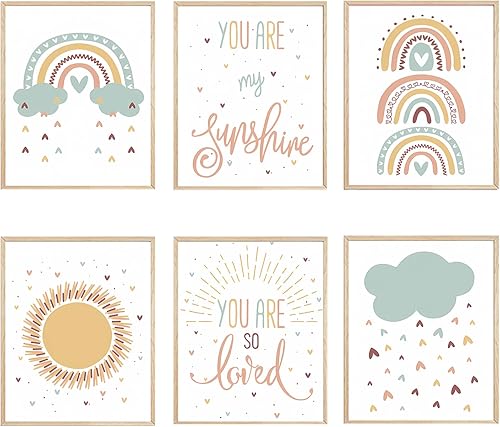 LLOSEUP Juego de 6 impresiones artísticas de pared boho para cuarto de bebé, diseño de arco iris, corazón, lluvia, eres mi sol, inspirador,