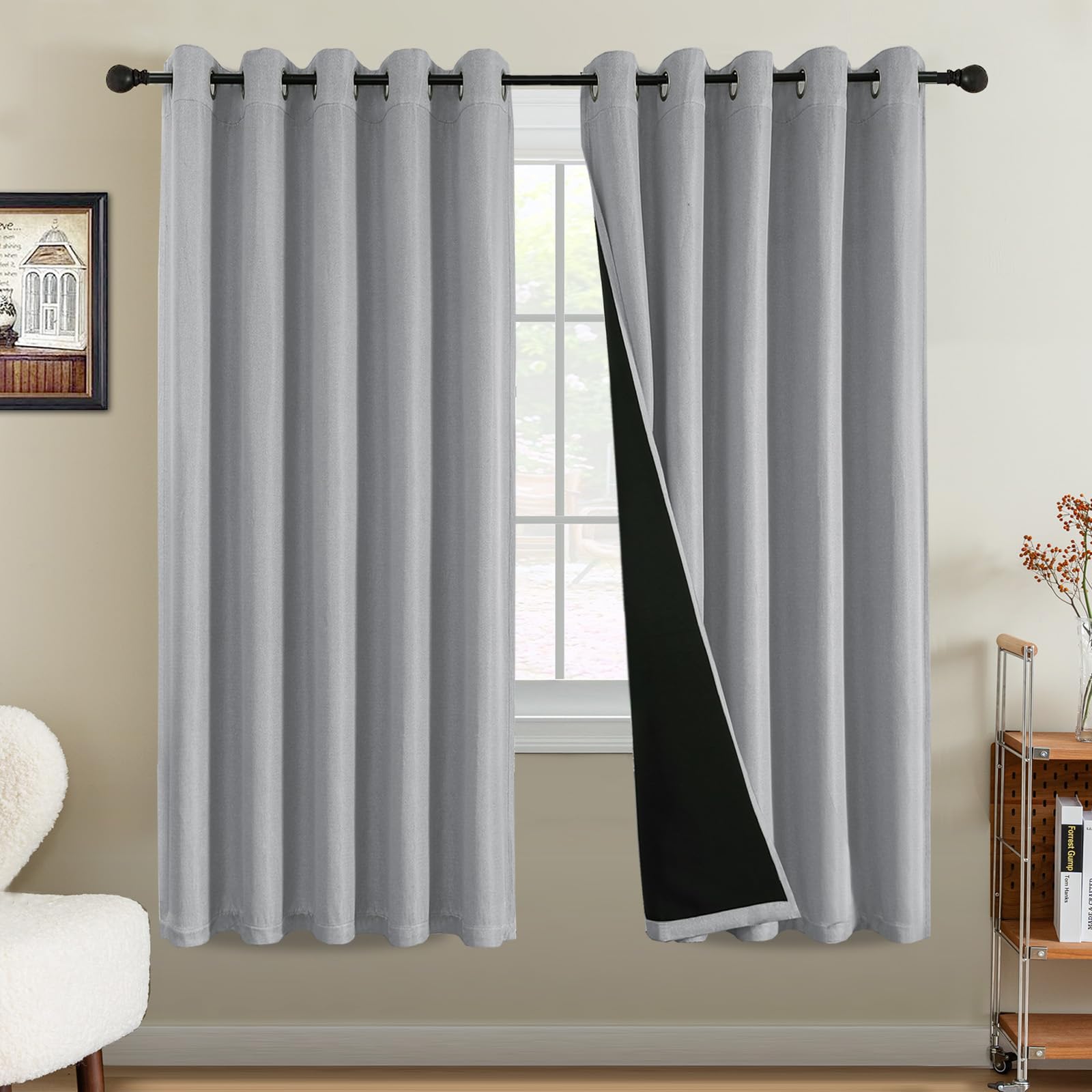 Bellahills Heather Grey 100% Blackout Curtains For Bedroom Thermal Faux Linen Curtain For Living Room Burlap Textured Eyelet Curtains & Drapes, 2 Panels, 66 X 72 Inch,