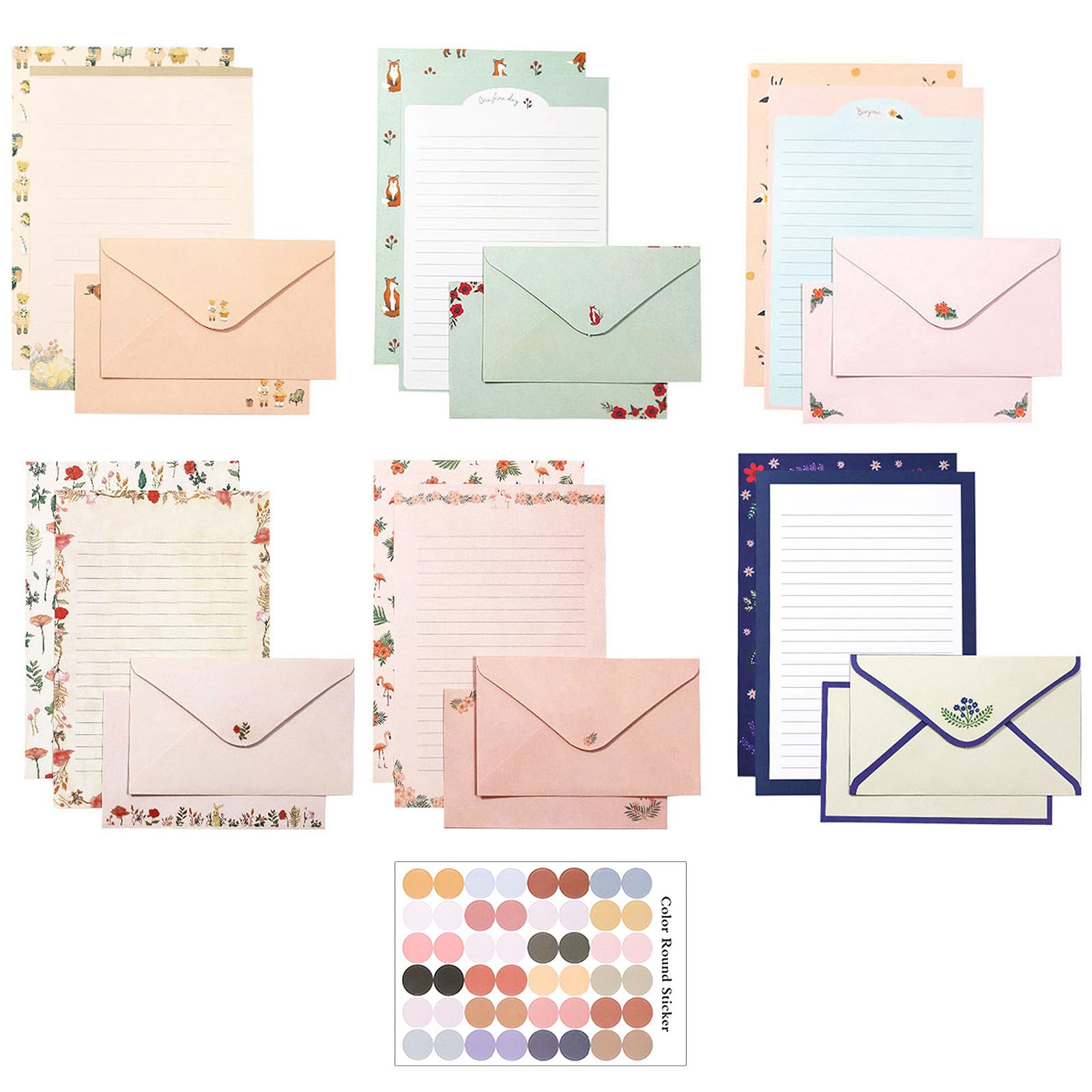 55 Pcs Stationery Paper Envelopes Set Includes 36 Lined Writing Stationery Paper & 18 Envelopes with 48 Colorful Round Dot Stickers, Cute Vintage