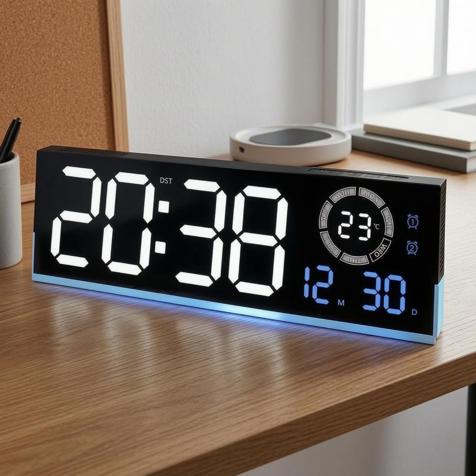 KESOTO Orologio da Parete Illuminato Orologio Digitale Orologio LED Orologio Rettangolare con Cifre Grandi Display Retroilluminato Calendario E Termometro, Blu