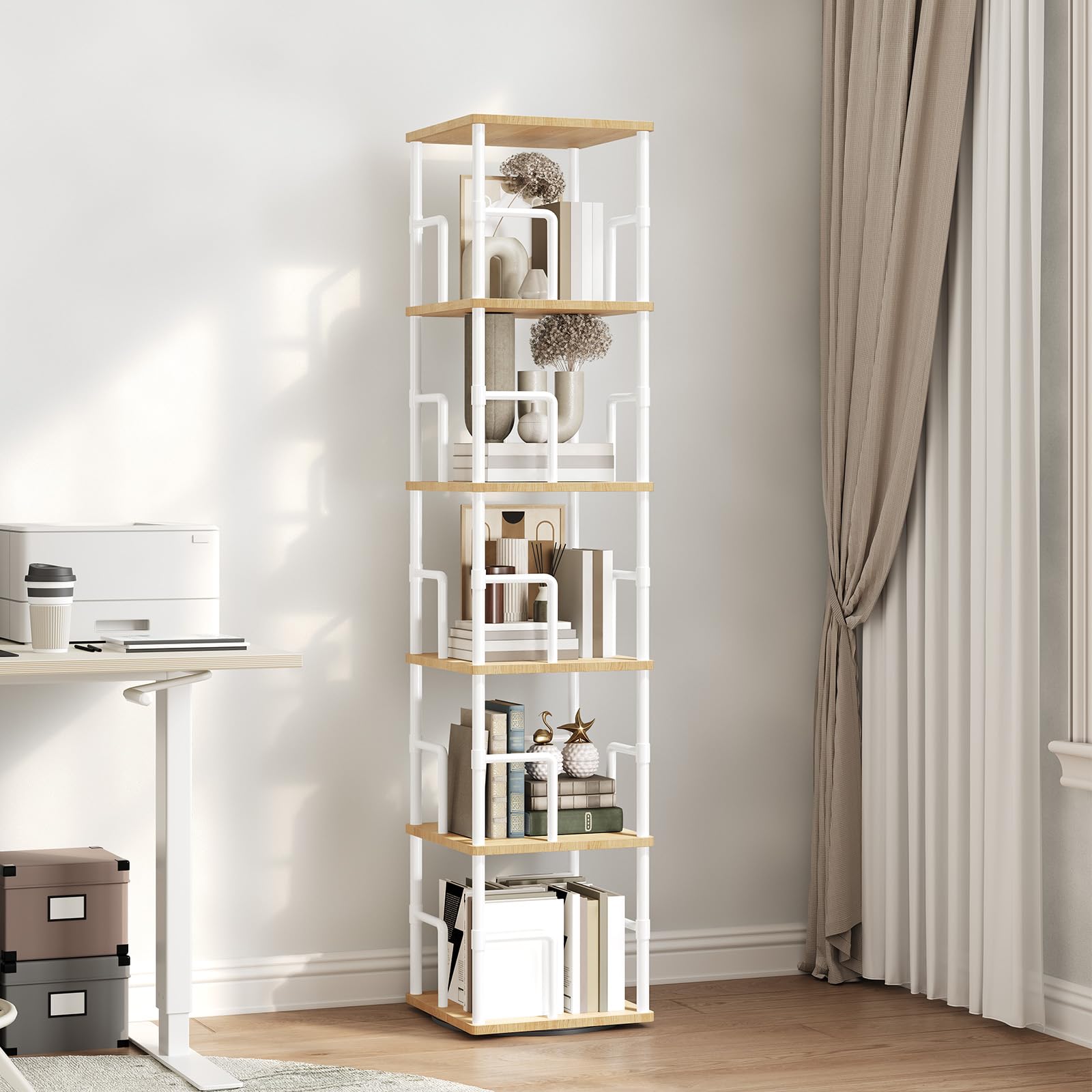 MAHANCRIS Libreria Girevole a 5 Livelli, Scaffale Angolare Indipendente, 360°, Stile Industriale, con Protezioni, per Soggiorno, Camera da Letto, Studio, Ufficio, Bianco ABKBN1601