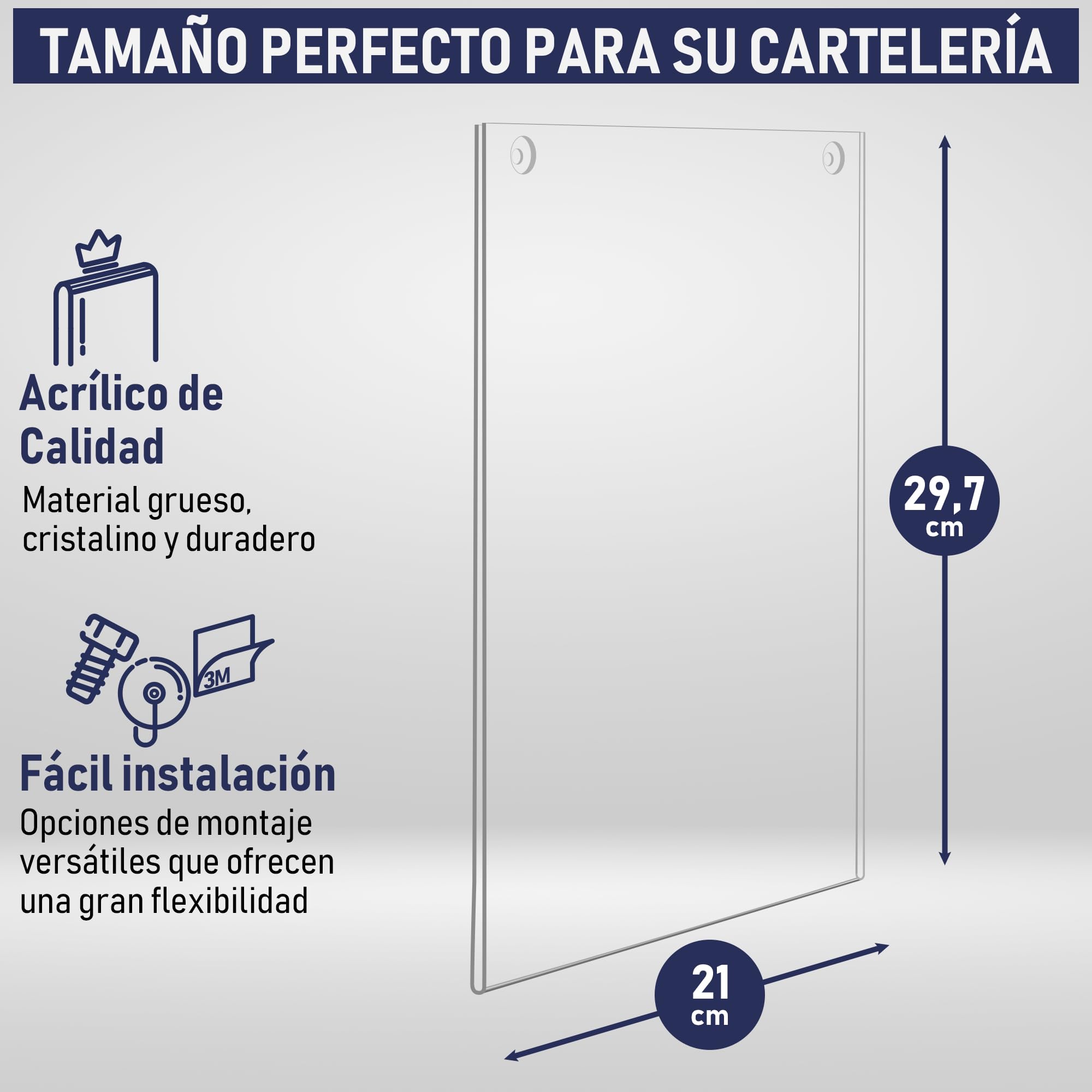 Soporte de letrero acrílico A4 – 6 Unidades, Portapapeles de marco transparente con múltiples opciones de montaje incluidas, soporte de pared para carteles, tablero de mensajes de plástico