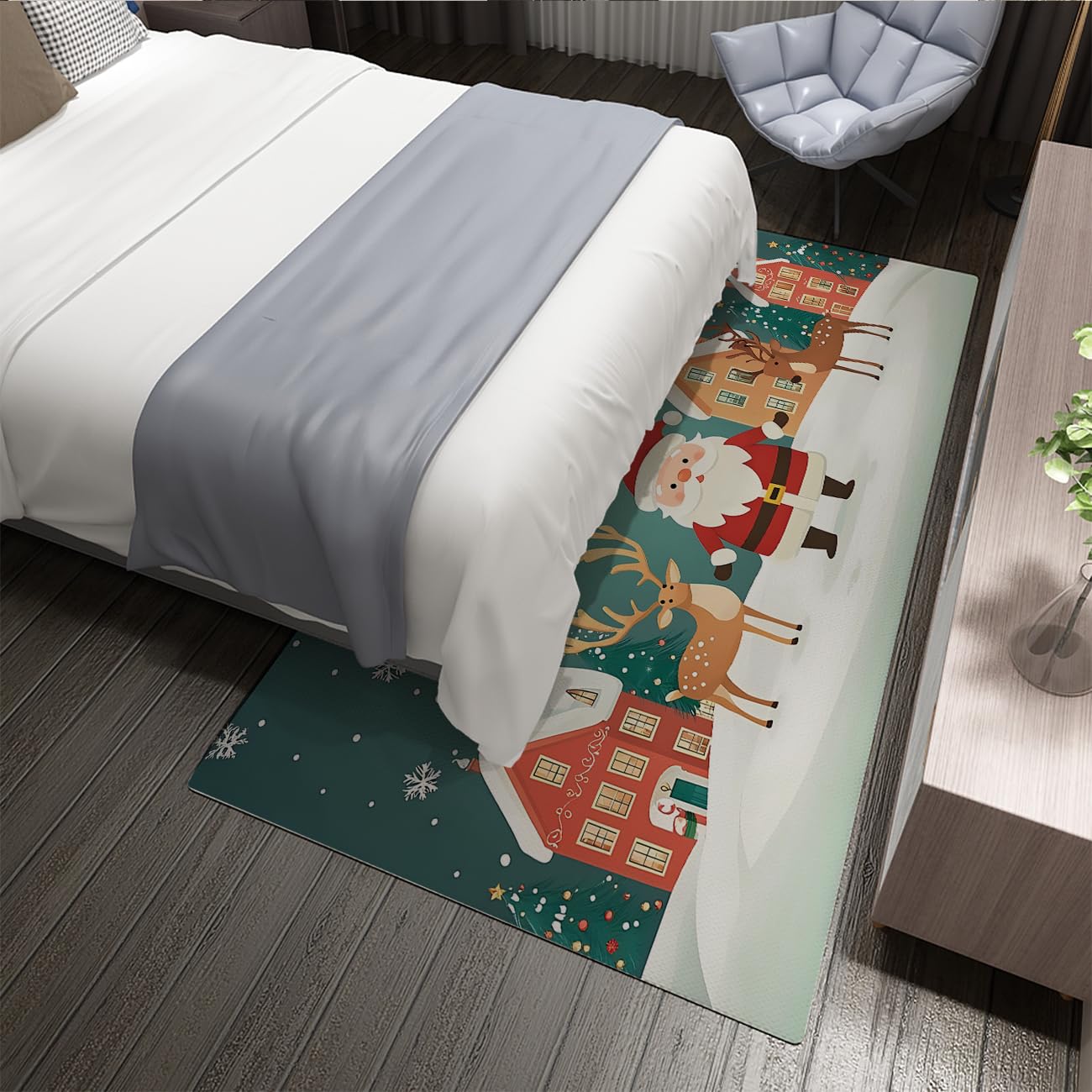 Winter Village 140x200cm Santa and Renifer Area Rugs With Print Rug Low Hair Decor Christmas Washable Soft for Bedroom Entry Room Nursery
