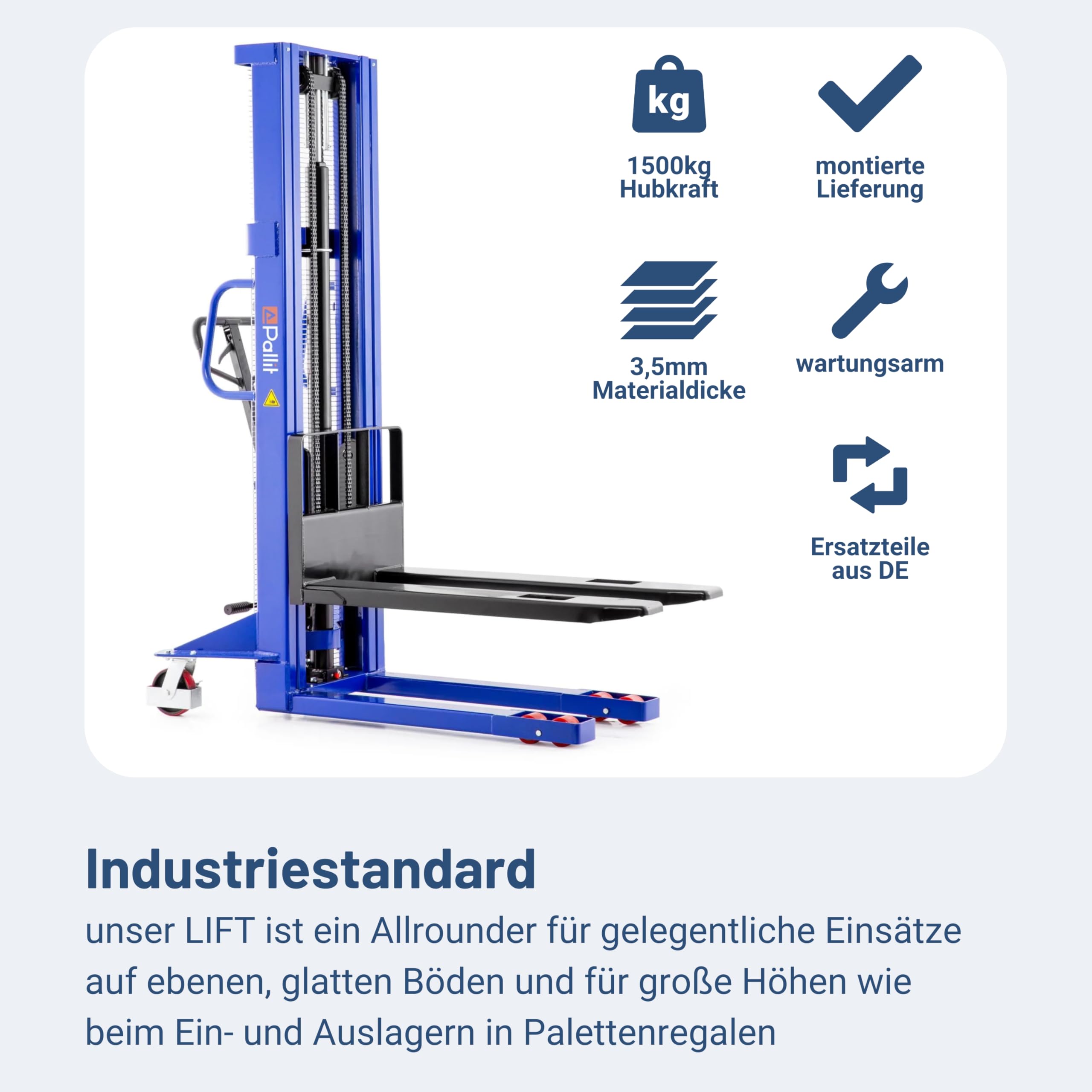 Pallit Hochhubwagen manuell 1200mm Hubhöhe 1500kg Tragkraft Lift-S PU Rollen Flexibler & Wendiger Manueller Handstapler Hubwagen Hydraulik-Stapler schnellhub