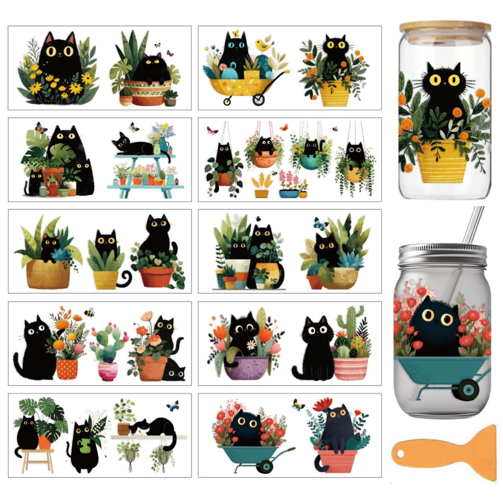 arricraft 10 Sheets Cat Potted Theme UV DTF Cup Wrap Stickers — image 1