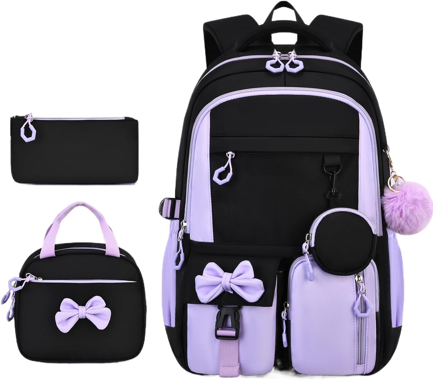 NICO×ASH Cute Backpack 3-Pcs Set Nylon Daypack with Lunch Bag