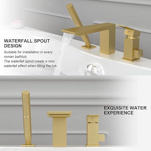 Miniatura 9 de Hoimpro Juego de grifo de bañera negro mate, grifo de bañera de latón con boquilla romana de cascada de latón con válvula, 3 agujeros de llenado de