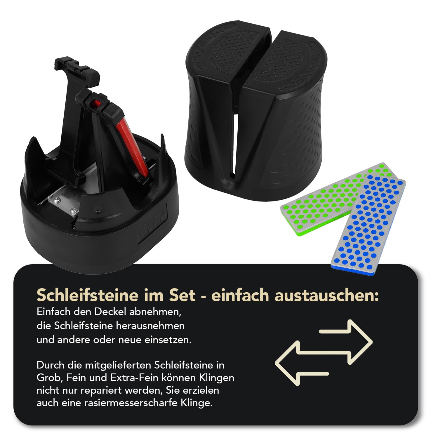 DMT SimpleSharp Schwarz Bundle Grob, Fein & Extrafein | Diamant Messerschärfer für rasiermesserscharfe Klingen mit perfektem Schleifwinkel | Schärft beidseitig mit extraharten Diamant-Steinen