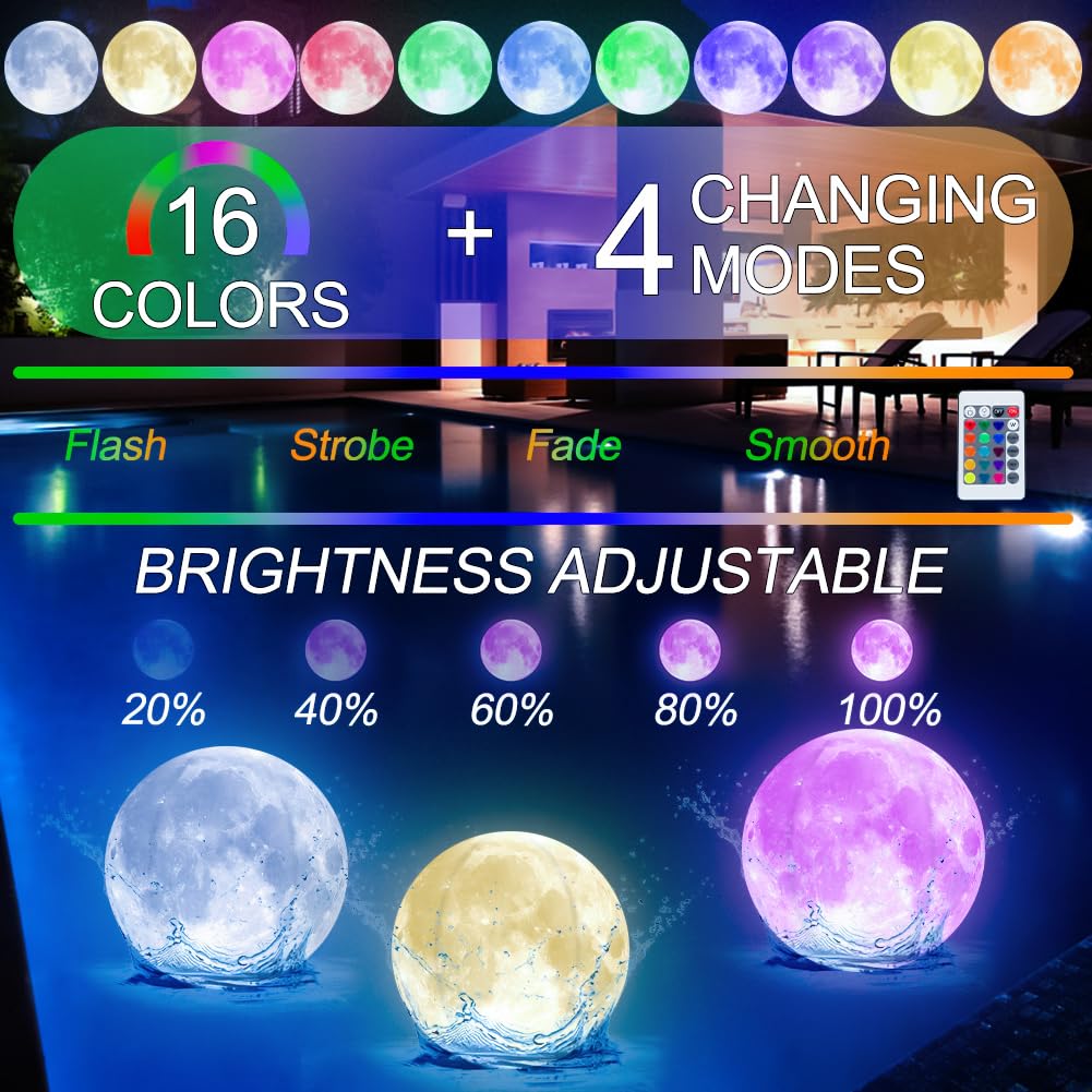 Joycabin 2 bolas de agua hinchables LED luminosas con luna, diámetro de 40 cm, iluminación flotante para piscina, impermeable, para playa, jardín, piscina, fiesta