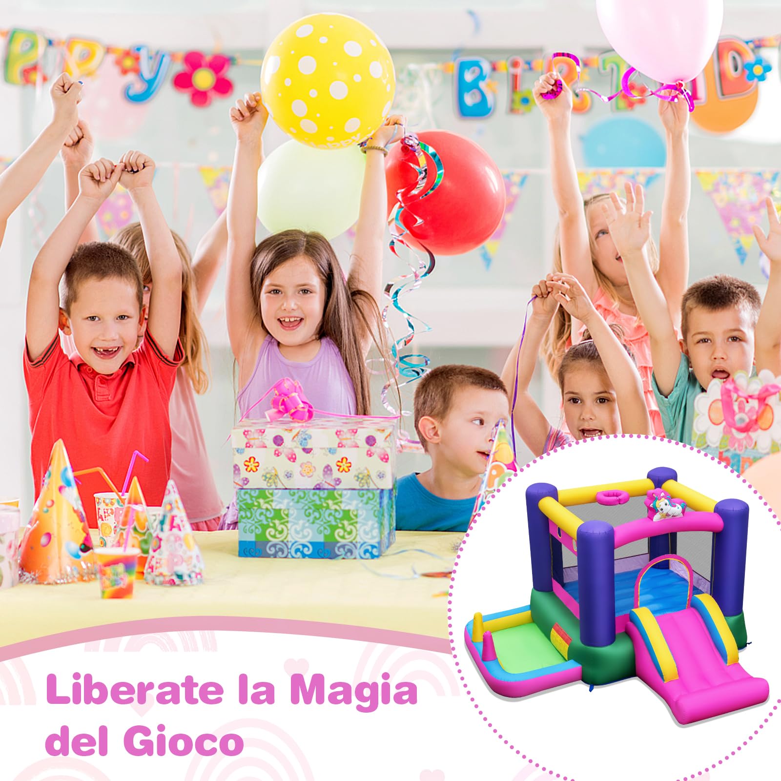 GYMAX Castello Gonfiabile da Interno/Esterno con Scivolo, Piscina di Palline, Canestro da Basket, Anelli e Palline, Centro Gioco per Bambini a Tema Unicorno, per Età 3-12 Anni