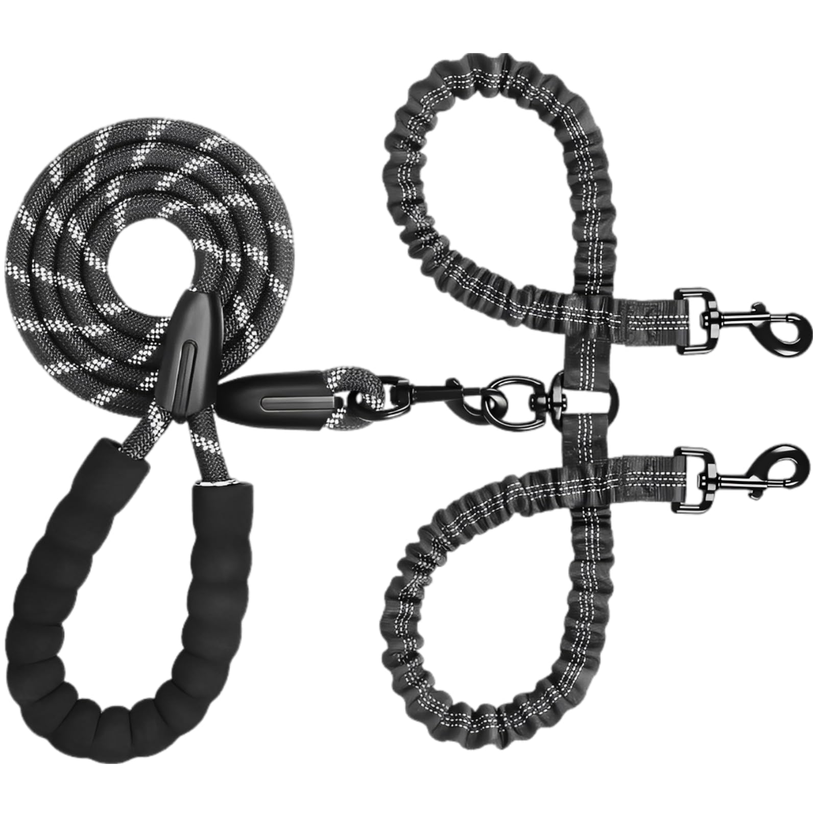 Doppio guinzaglio per cani, senza grovigli, per addestramento, in corda riflettente con comodo manico imbottito, guinzaglio principale da 150 cm e guinzaglio corto da 46-80 cm, nero