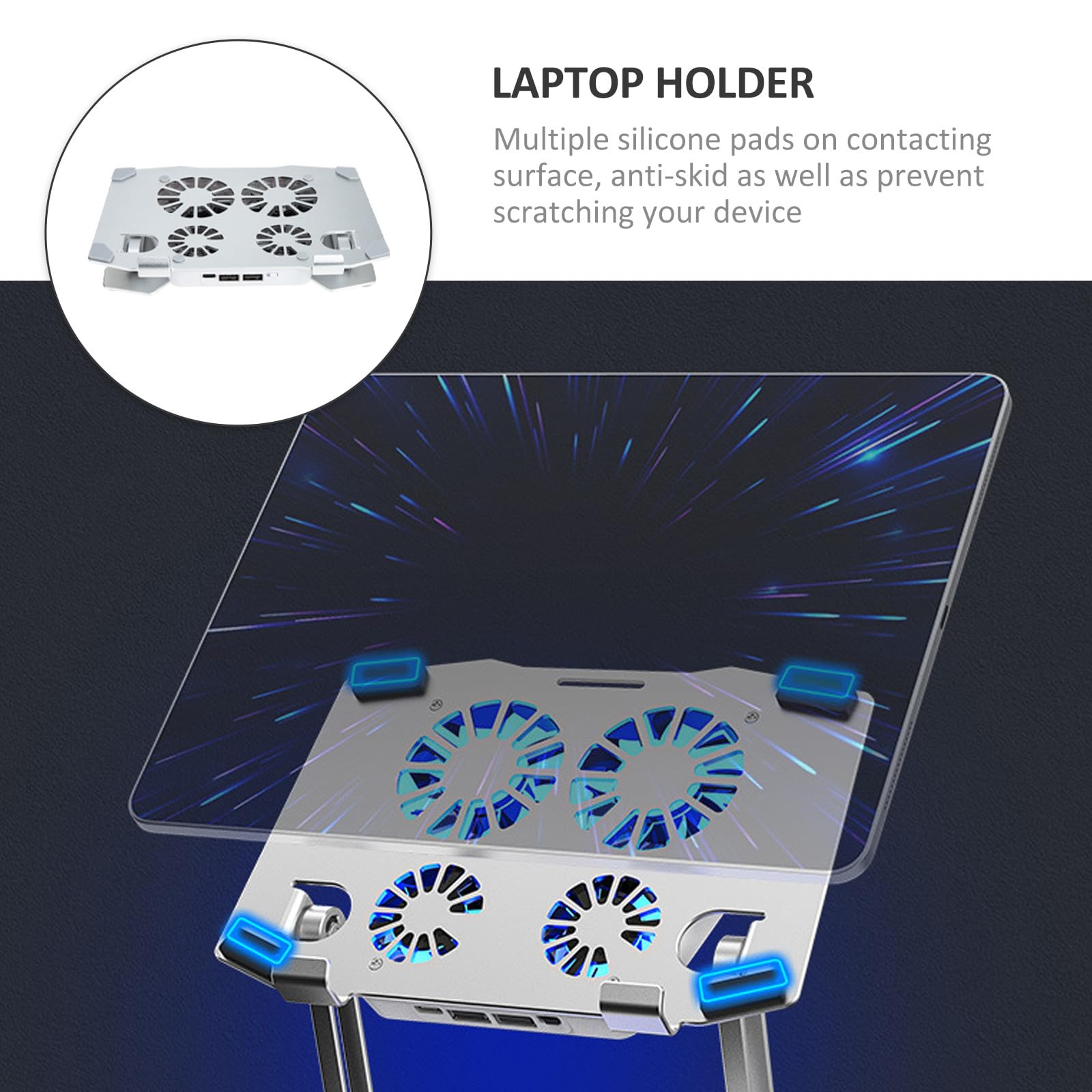 SHINEOFI Supporto per Laptop Regolabile in Altezza e Angolo 4 Ventole di Raffreddamento Silenziose, Struttura in Metallo Argento per Ufficio e Casa