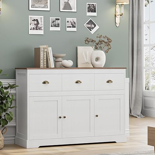 Miniatura 9 de Gabinete de buffet de almacenamiento para cocina, aparador de granja, buffet, bar, gabinete de vino con 3 cajones y 3 puertas, estantes ajustables,