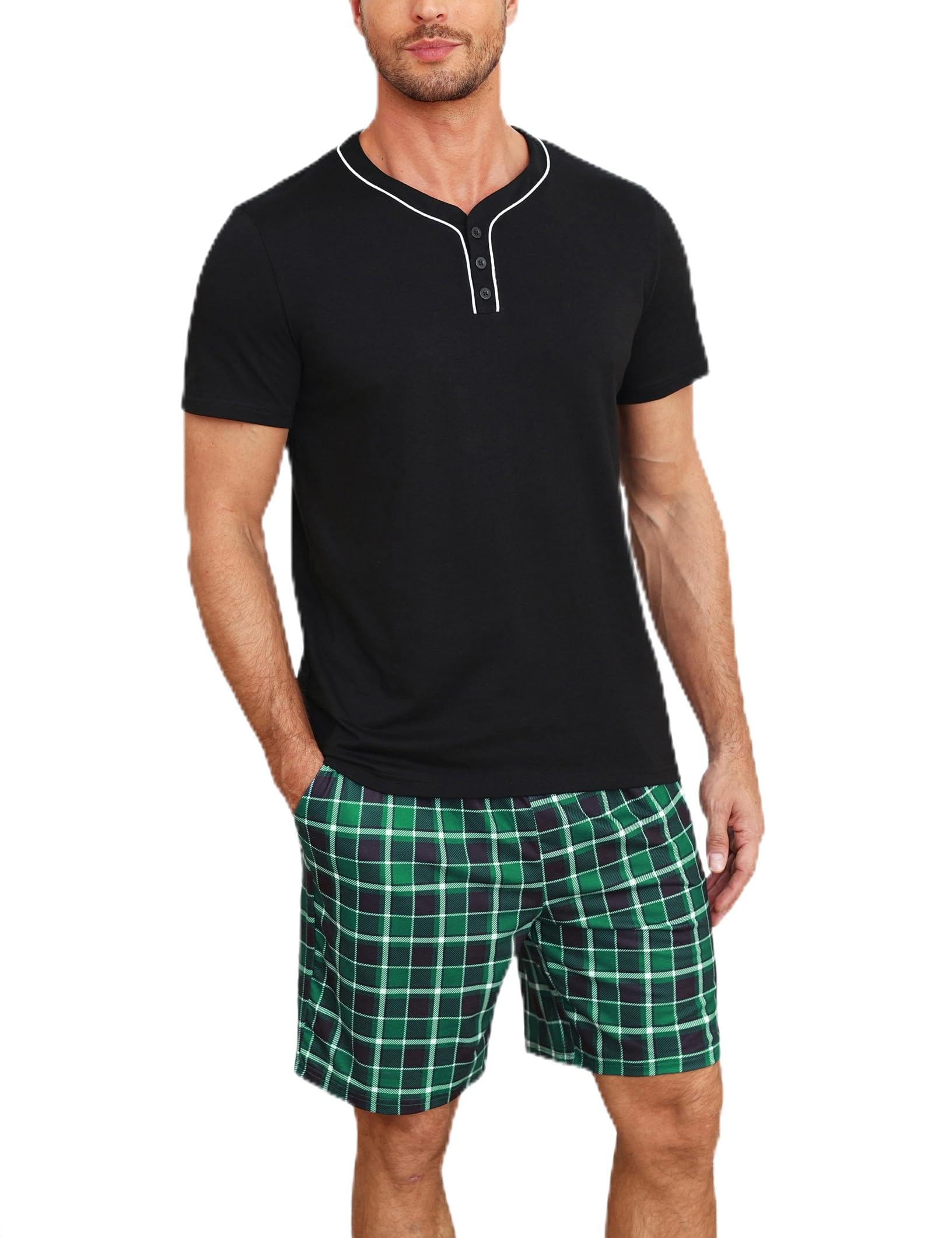 Demegimi Schlafanzug Herren Kurz Pyjama Set Baumwolle Sommer Shorty Nachtwäsche Kariert Pyjamaset Männer