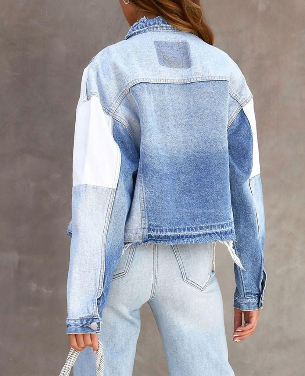 Jeans Jacken Für Damen,Kurz Geschnittene Jeansjacke Für Damen Patchwork Roher Saum Jeans Oberteile Maßgeschneiderter Stretch Trucker Lässige Oberbekleidung Distressed Knopf Jeansmantel Strickjacke J