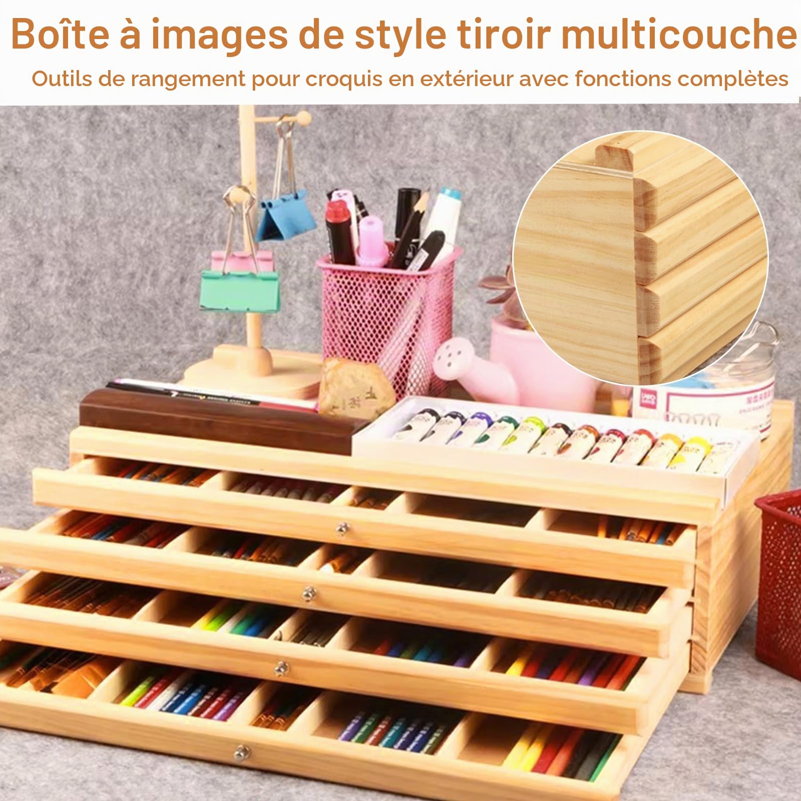 Boîte de Rangement Pour Pinceaux, Boîte de Rangement En Bois Pour Fournitures D'artiste Avec 4 Tiroirs Amovibles, Caja de Almacenamiento de Arte de Pino Premium Pour Crayons, Stylos, Pinceaux