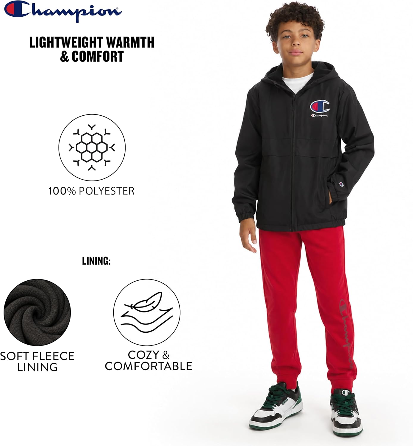 Champion Boys Fleece Lined Hooded Windbreaker Jacket