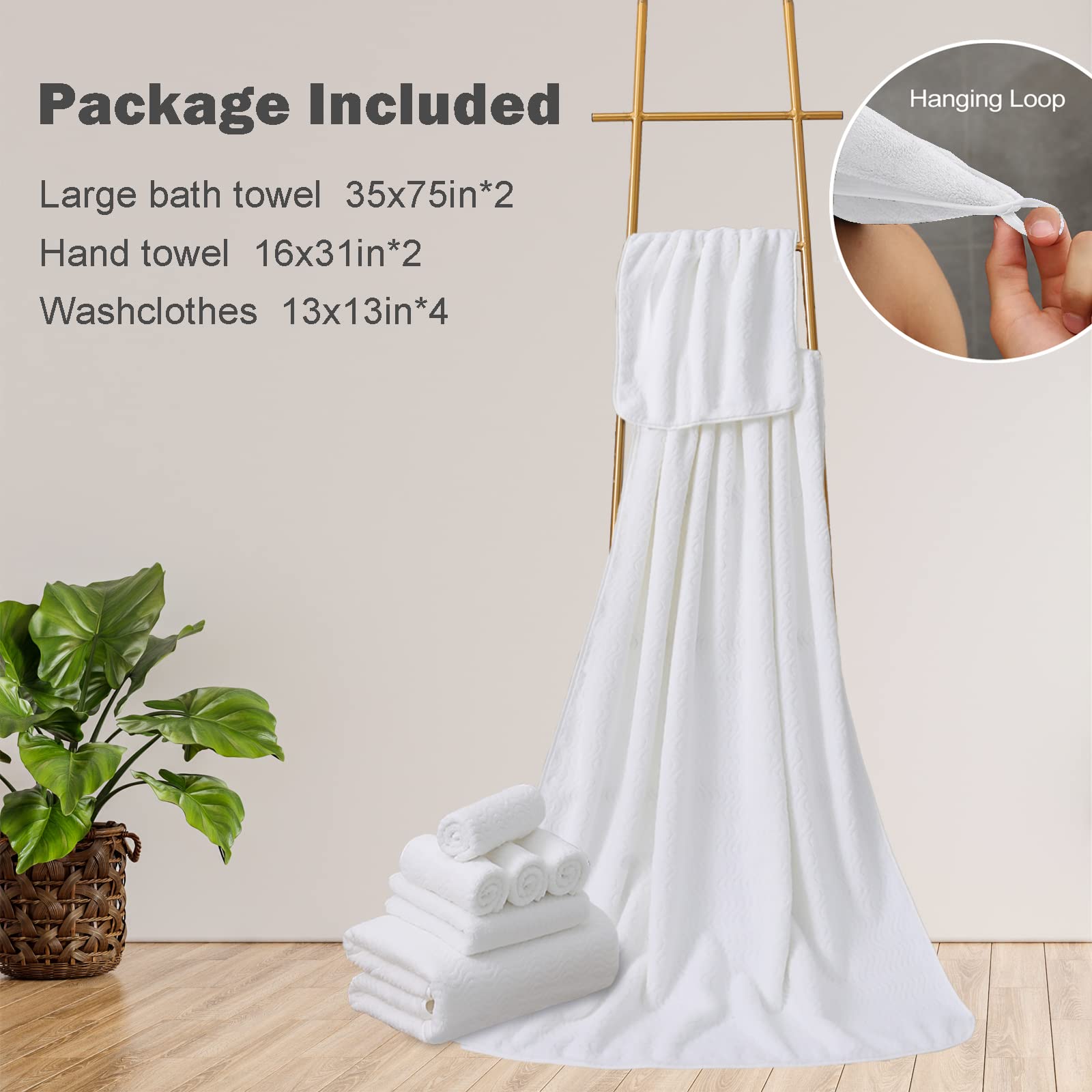 Amazon｜ホワイトバスタオル 8枚セット バスルームタオル 速乾 特大  