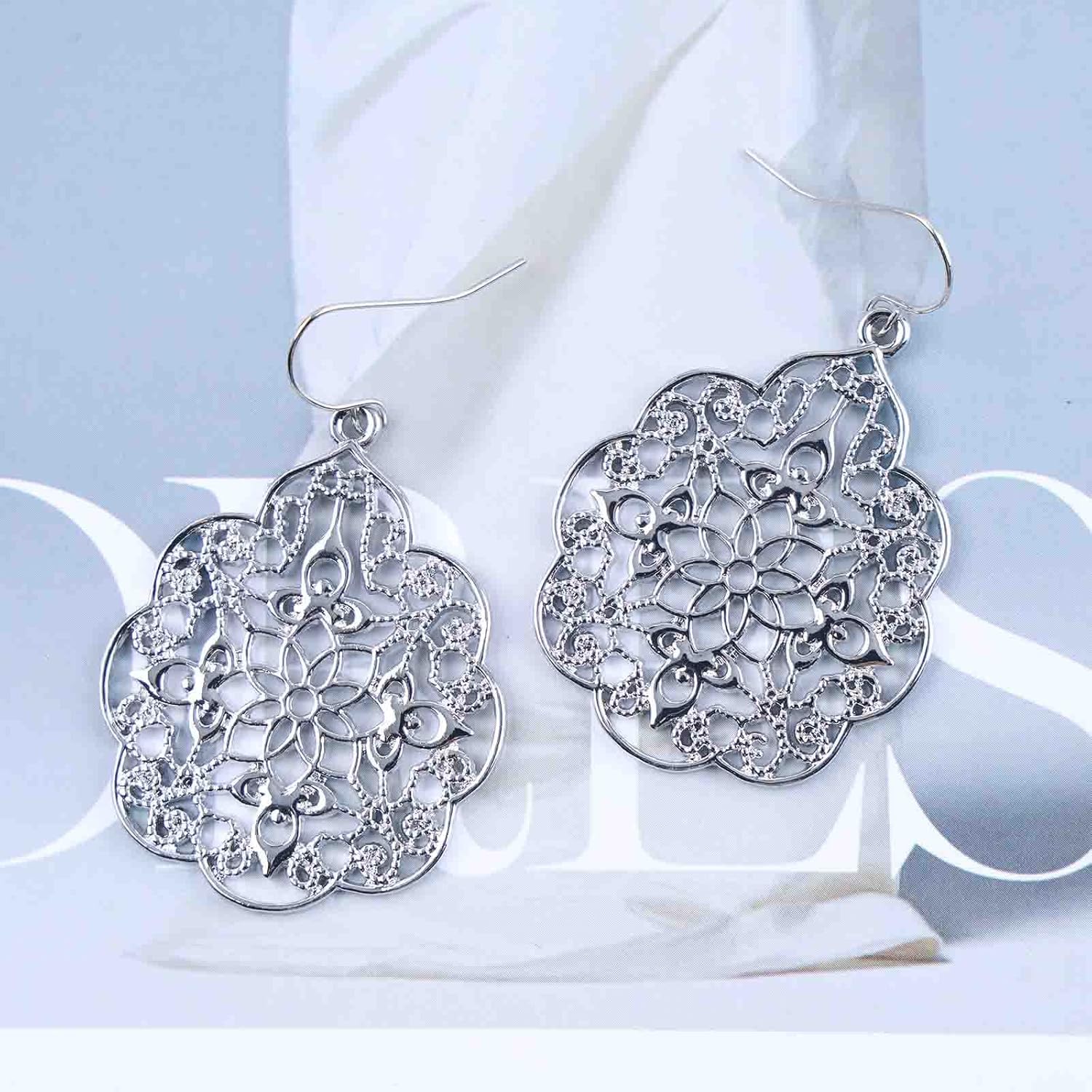 YienDoo Boho Large Filigree Hoop Drop Dangle Earrings Vintage Tribal Ethnic Hollow Carved Earrings Silver Gypsy Geometric Floral Statement Earrings Wedding Prom Earrings Jewelry for Women - Image 6