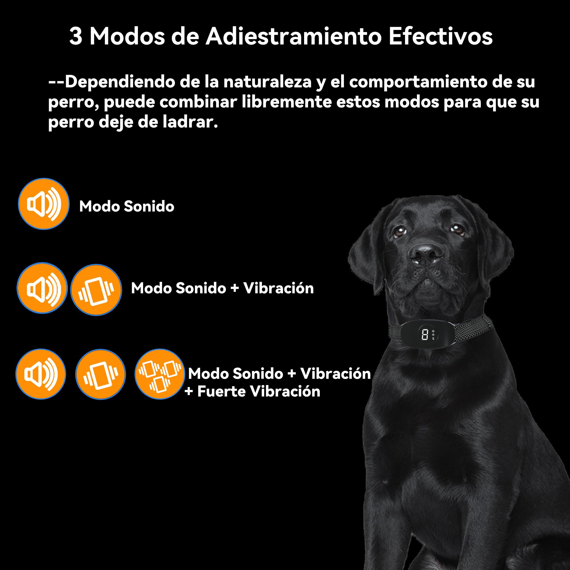 Collar Antiladridos para Perros,Sin Descargas,Collar Automático con 8 Sensibilidad Ajustables,3 Modos de Vibración/Fuerte Vibración/Sonido,Apto para Todos los Perros
