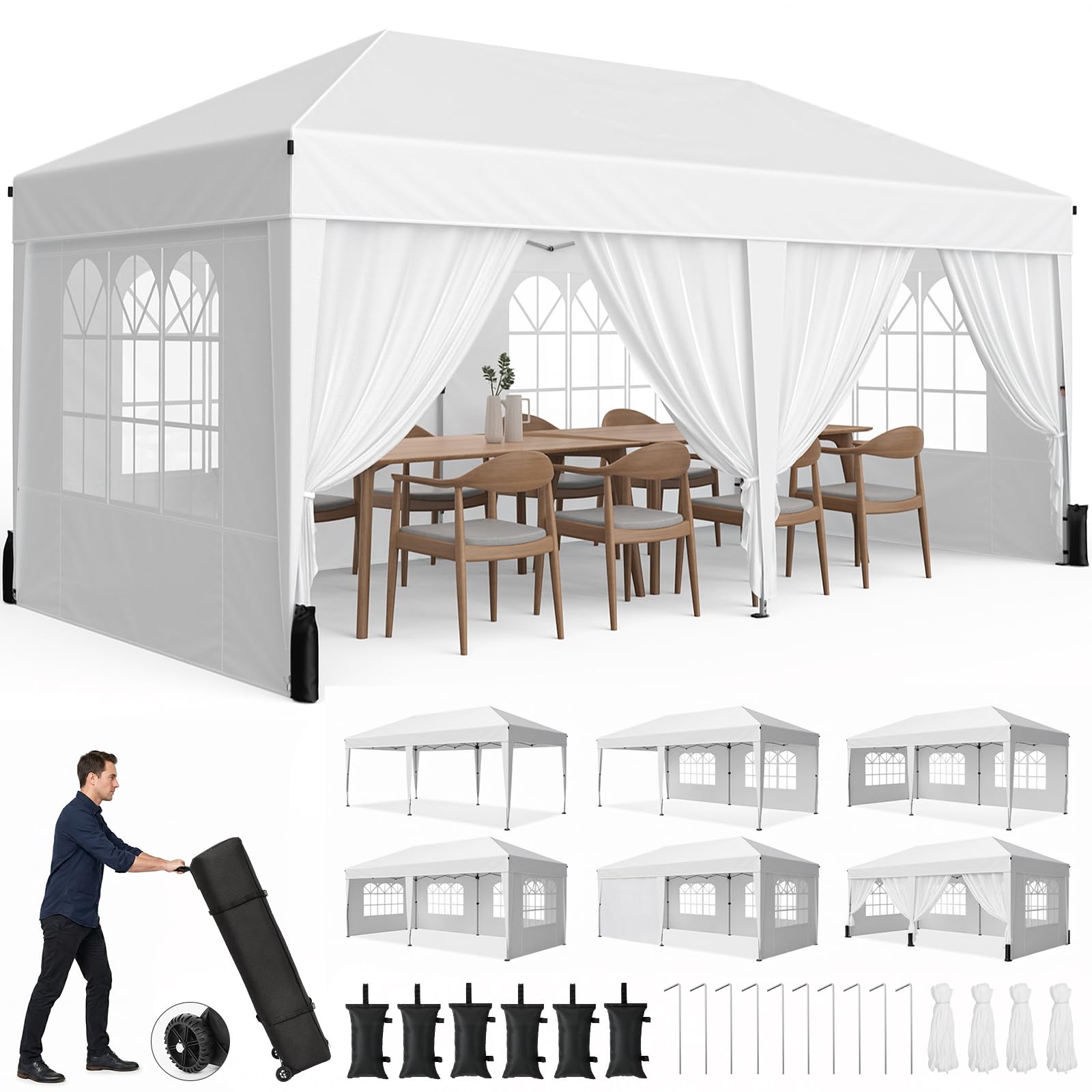 Photo 1 of Driftalia 10x20 Pop up Canopy Tent with 6 Sidewalls, Outdoor Canopy with Windows & Roller Bag, Party Tent for Commercial Events, Weddings, Camping - White