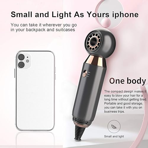 Miniatura 3 de Secador de pelo profesional de 800 W, ligero y compacto, secador de pelo de flujo potente para viajes y hogar, boquilla concentradora gris