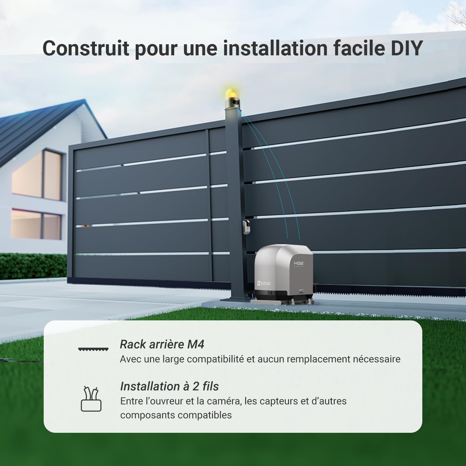 EZVIZ Moteur Portail Coulissant 600 kg,Ouvre Portail Auto HG2 600 Pro | Vantaux Max 8m, Caméra 2K d'Alarme,Détection d'Obstacles,Batterie de Secours,Télécommandes&Contrôle APP, Facile à Installer