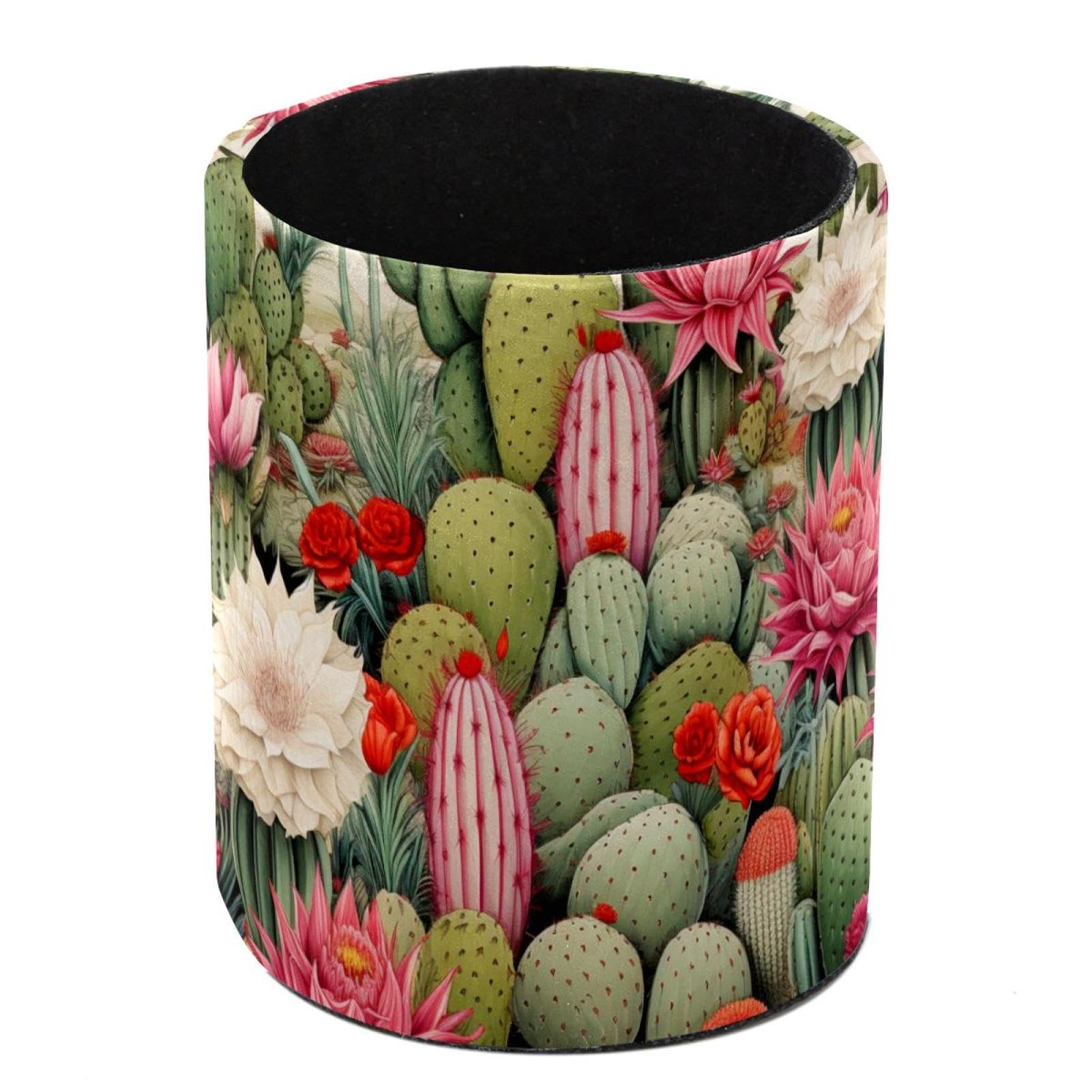 FWJZDSP Pen Holder, Cactus Flowers Vintage Leather Pencil Holder for Desk, Makeup Organizer Desktop Storage Stationery Supplies, Cute Cup Pot for Home Office School