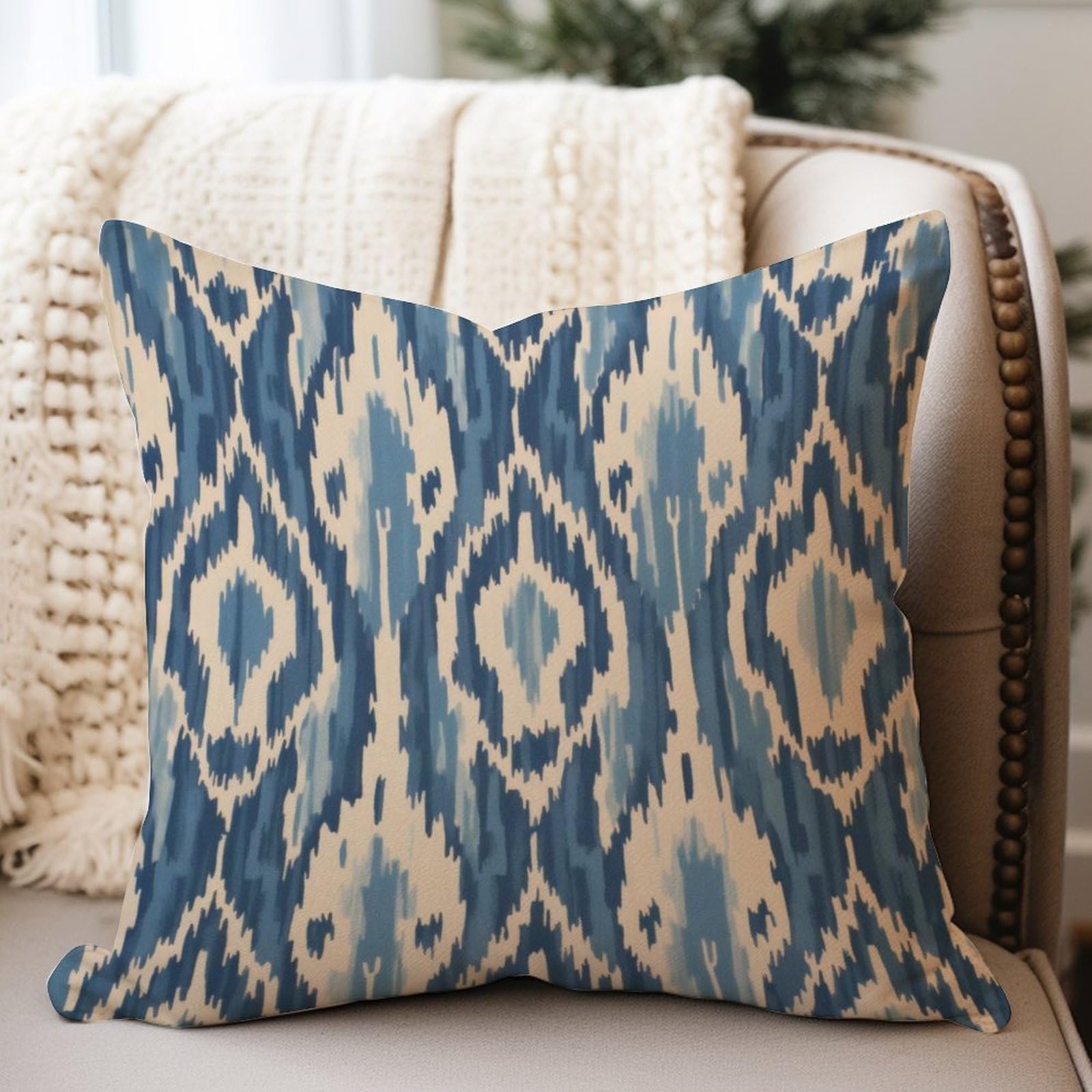 Woguangis A-16 Tan Blue Ikat Ethnic Boho Outdoor Decoration Pillow Indigo Blue Antique Bukhara Ikat Cushion Cover Chinoiserie Chic Waterproof Throw Pillows For Garden Couch Patio Lawn 18X18in
