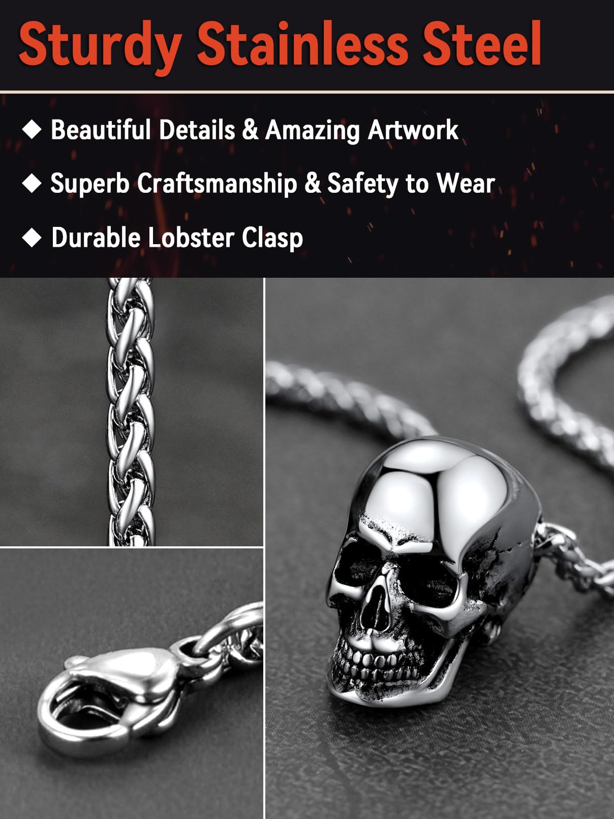 FaithHeart Collar Calavera Hombre Acero Inoxidable 316L Colgante Cráneo Esqueléto Collar Punk Halloween Colgante Gótico Joyería Cool Hombre