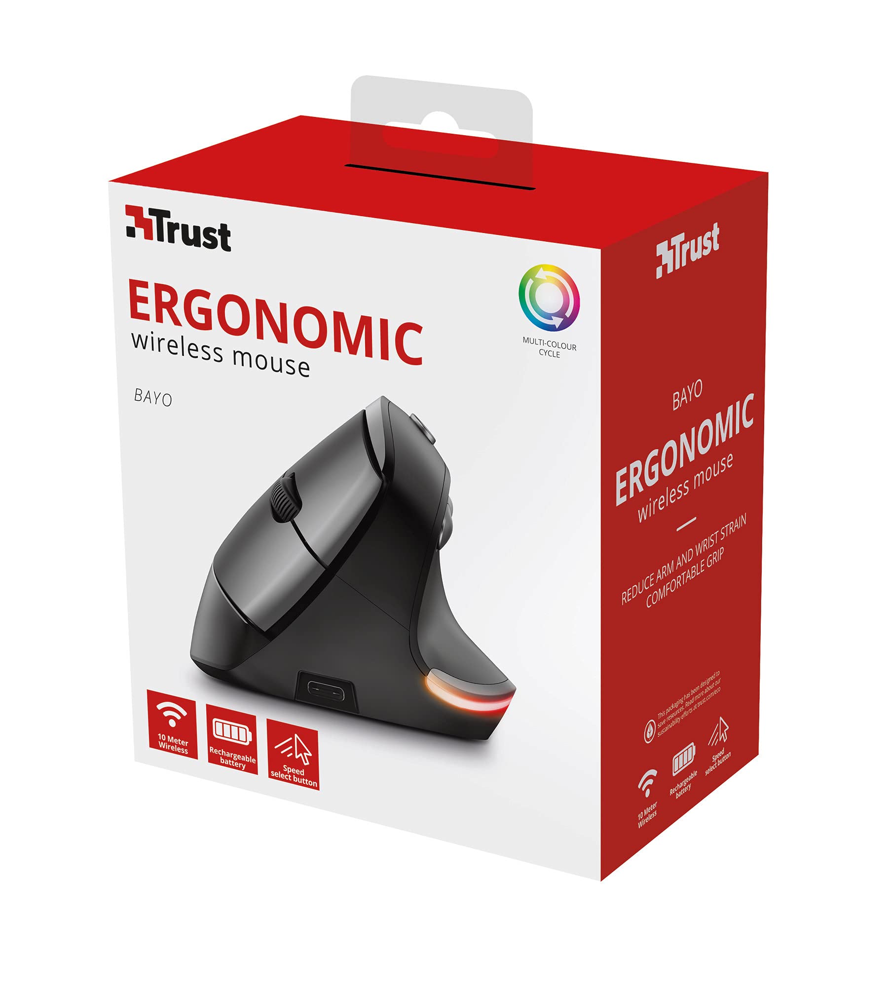Trust Bayo Mouse Verticale Wireless Ricaricabile, Mouse Ergonomico Senza Filo, 800-2400 DPI, RF 2.4GHz, 6 Pulsanti, Ricevitore USB, Portata 10 m, Luce RGB, per PC, Computer, Laptop, Mac - Nero