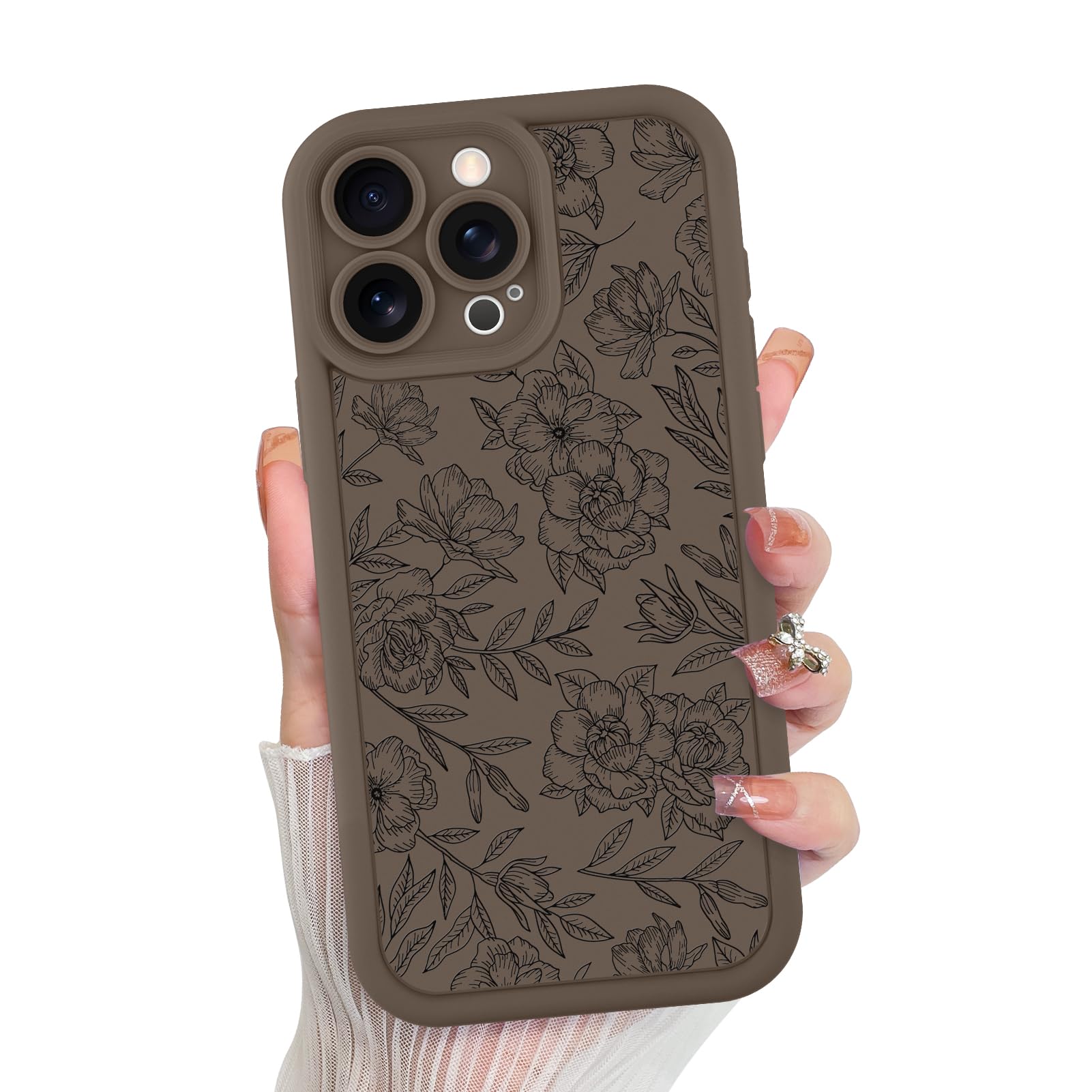MZELQ for iPhone 15 Pro Case, Silicone Floral Flower Cute Pattern, Camera Protection Soft Slim Shockproof for Girls Women -Brown