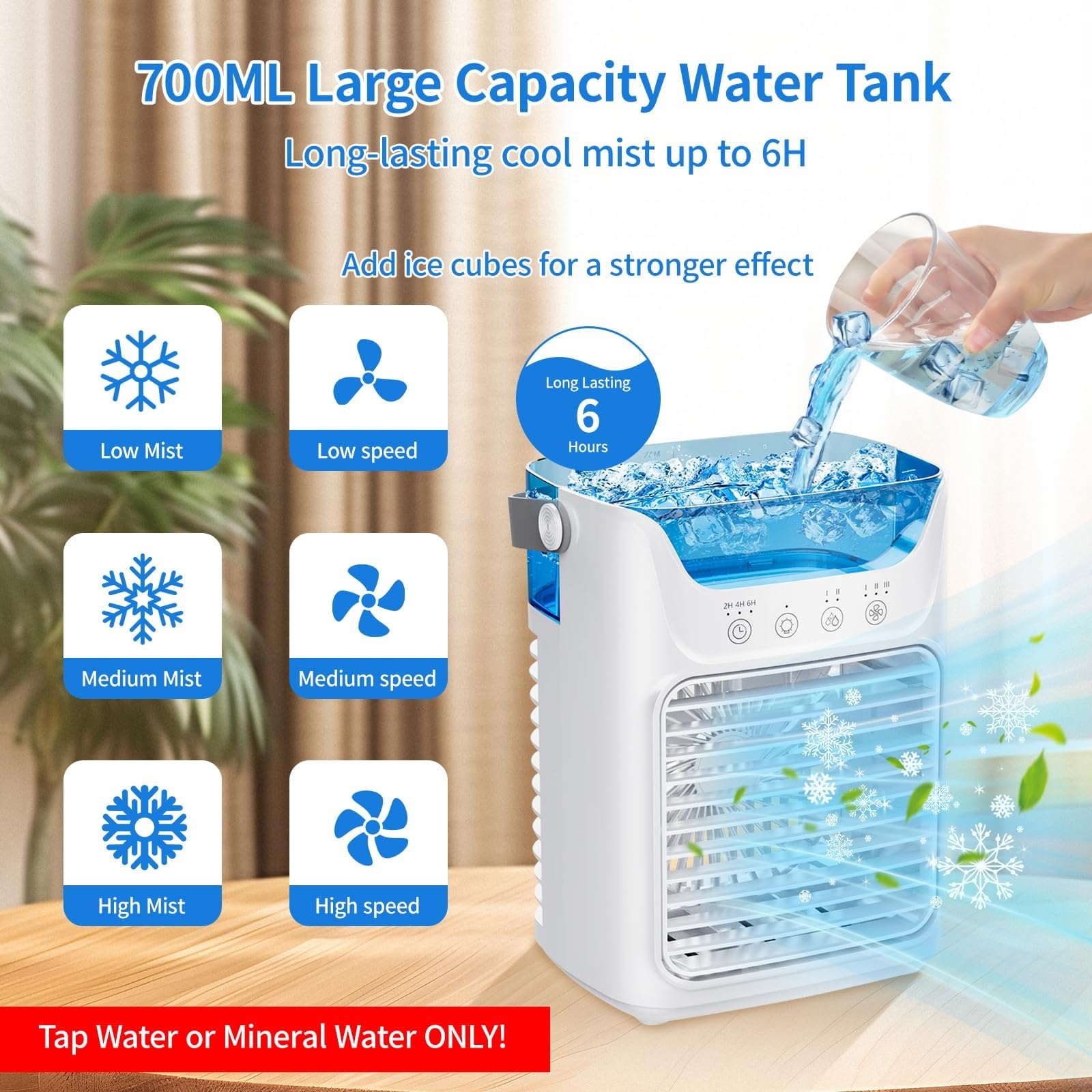 Mini klimatyzator, chłodnica powietrza, przenośne klimatyzatory, mobilny klimatyzator 4 w 1, 3 prędkości wiatru i światło LED 7 kolorów, zbiornik na wodę 700 ml, timer 2-6 godzin