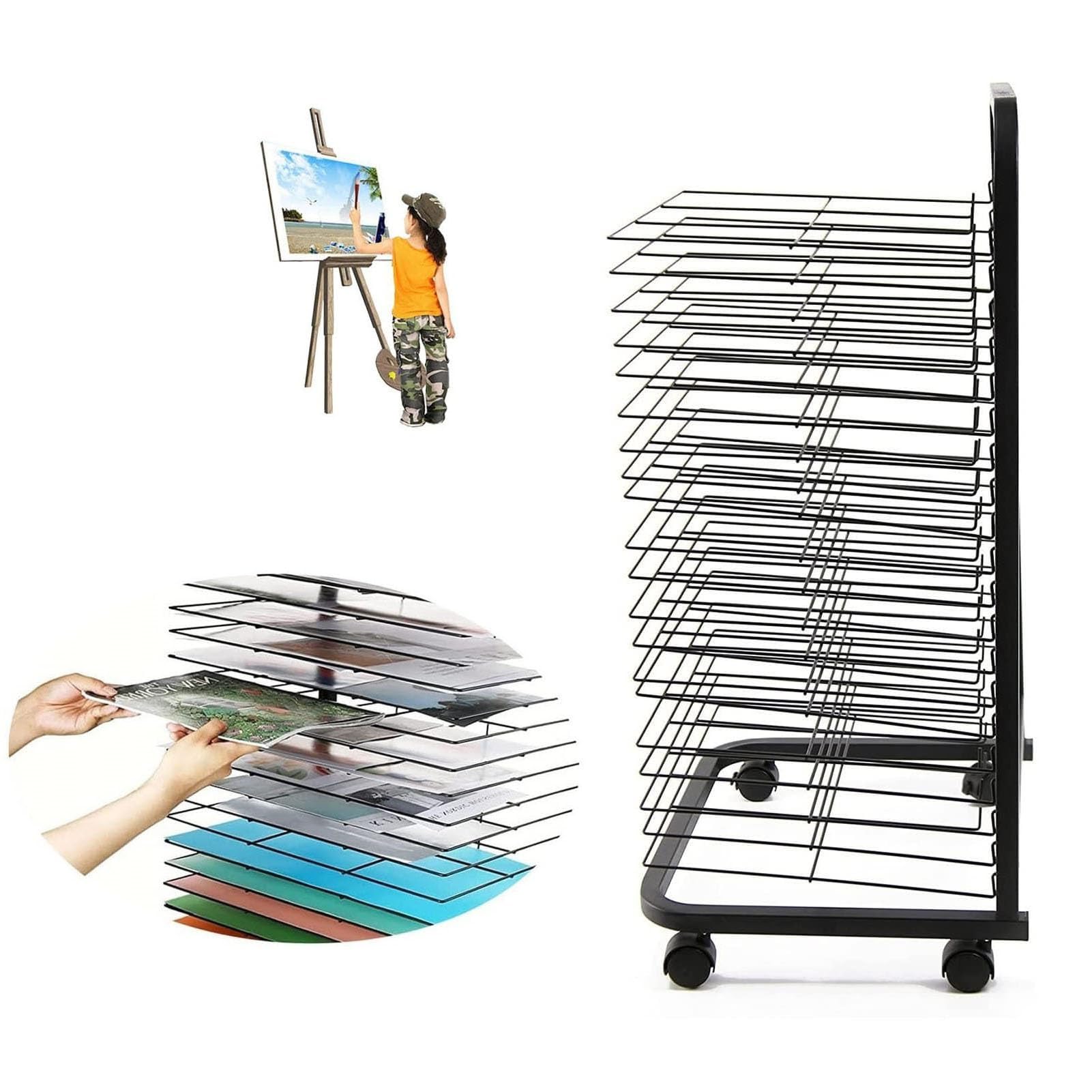 Aioneer Mobile Paint Drying Rack - Steel Drying Painting Racks, Art Organizer For Kids, Art Studio Organization And Storage, Artwork Tabletop Storage, Sturdy Paint Drying Rack With Locka,25 Layers