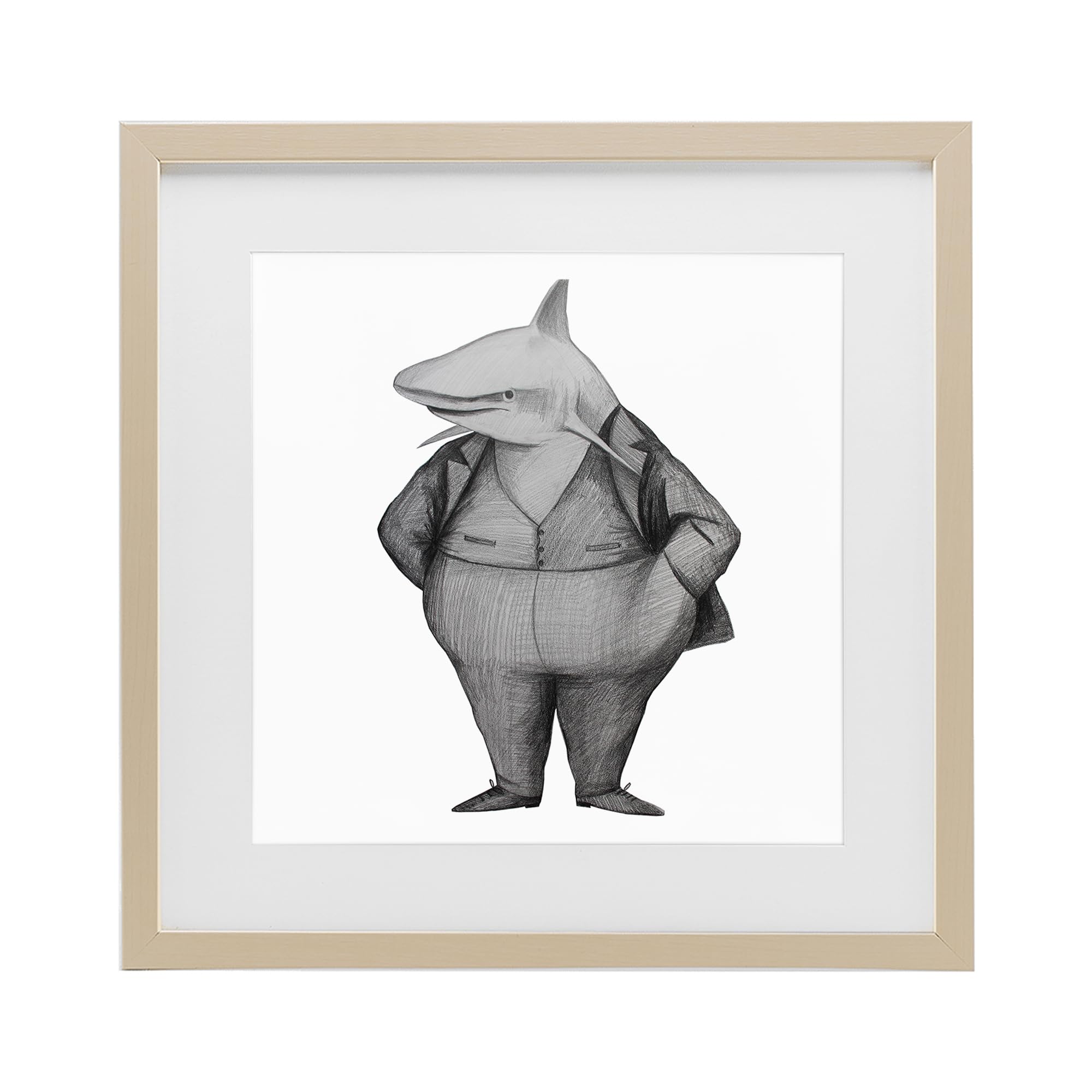 Stupell Industries Harvest Pine (Textured) Shark In Suit Drawing Humor, 16 X 16 Inch Framed Print Under Glass