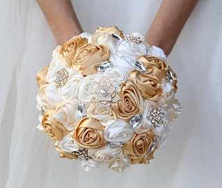 Khaki Champagne and Ivory Bridal Wedding Bouquet with Gold Brooch Bling Rhinestone Satin Rose Flower Bouquet for Bride Bridesmaid Quinceanera Bouquet Wedding 8.7in