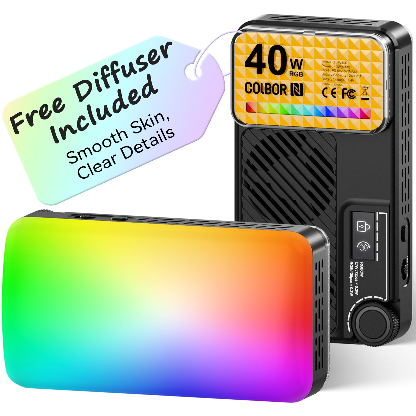 Moman Small LED Camera Light 40W, Full RGB Video Lights with Diffuser, App Control, 2500-9000K, CRI 97+, USB-C Fast Charging, Portable Photography