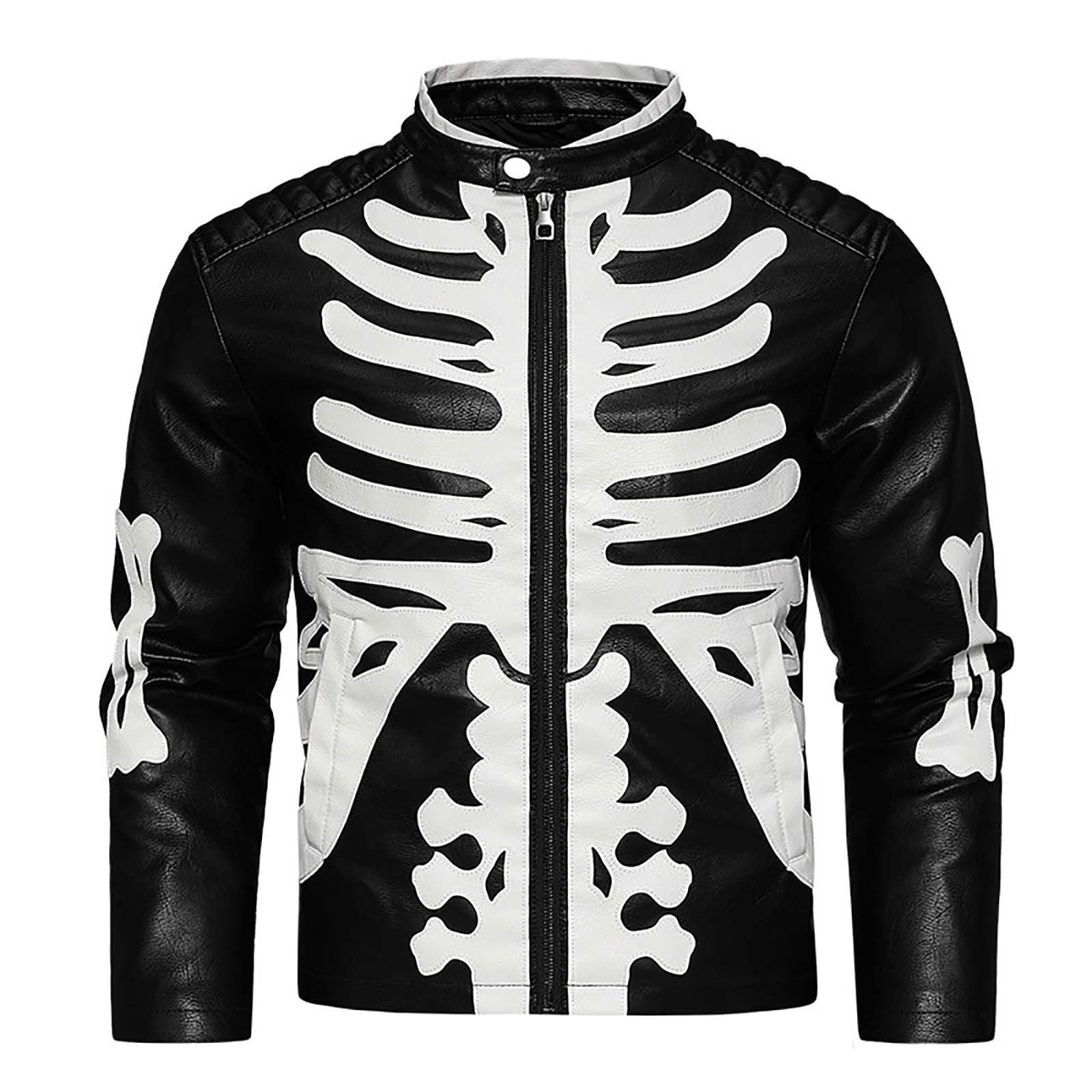 Giacca da uomo Primavera Estate Collo Alto Giacca Uomo Metà Stagione Moto in Pelle Cappotto Halloween Scheletro Giacche Aviatore Deguisement Cosplay Saharian Bombers da Lavoro Jacket Cappotti Bomber