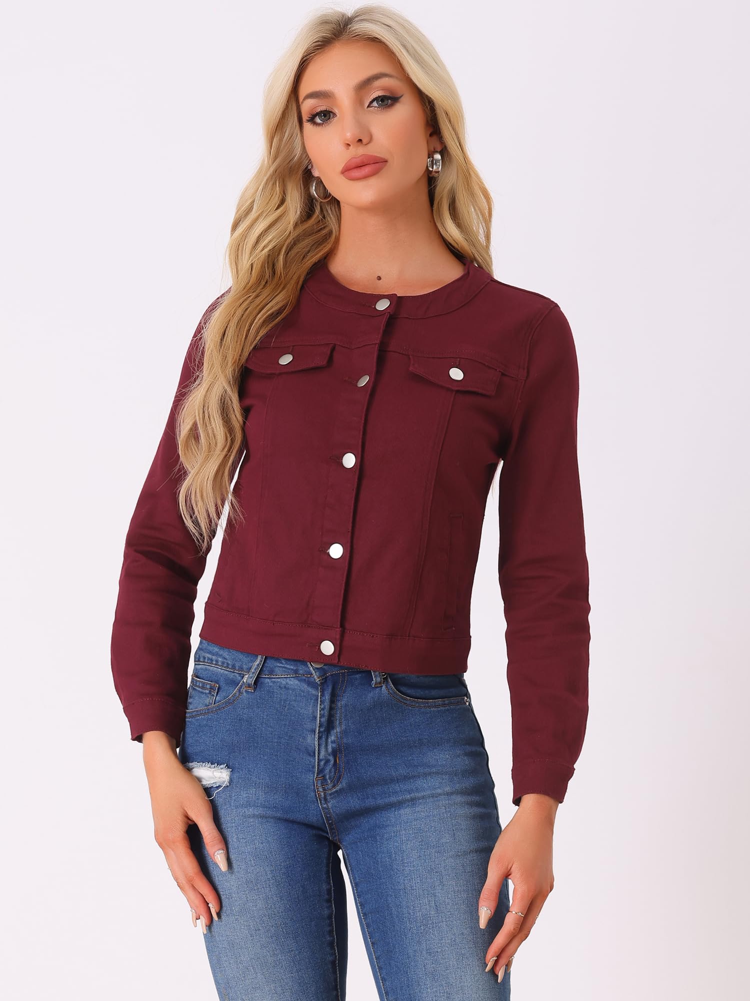 Allegra K Damen Langarm Kragenlos Knopfleiste Jeansjacke Denim Jacke