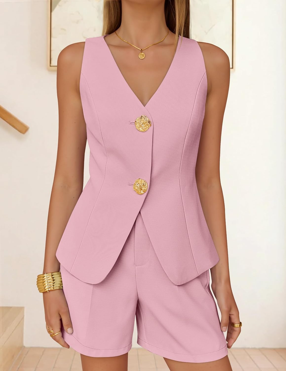 ZESICA Women’s Summer Casual 2 Piece Short Sets 2026 Button Suit Vest Tops Shorts Dressy Business Work Outfits - Image 5