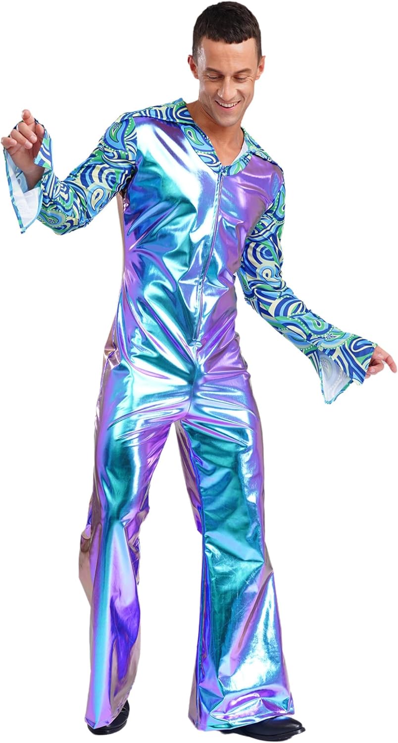 XUNZOO Men's Dance Costume 70s Disco Lapel V Neck Flare Sleeve with Bottom Pants Hippie Rompers