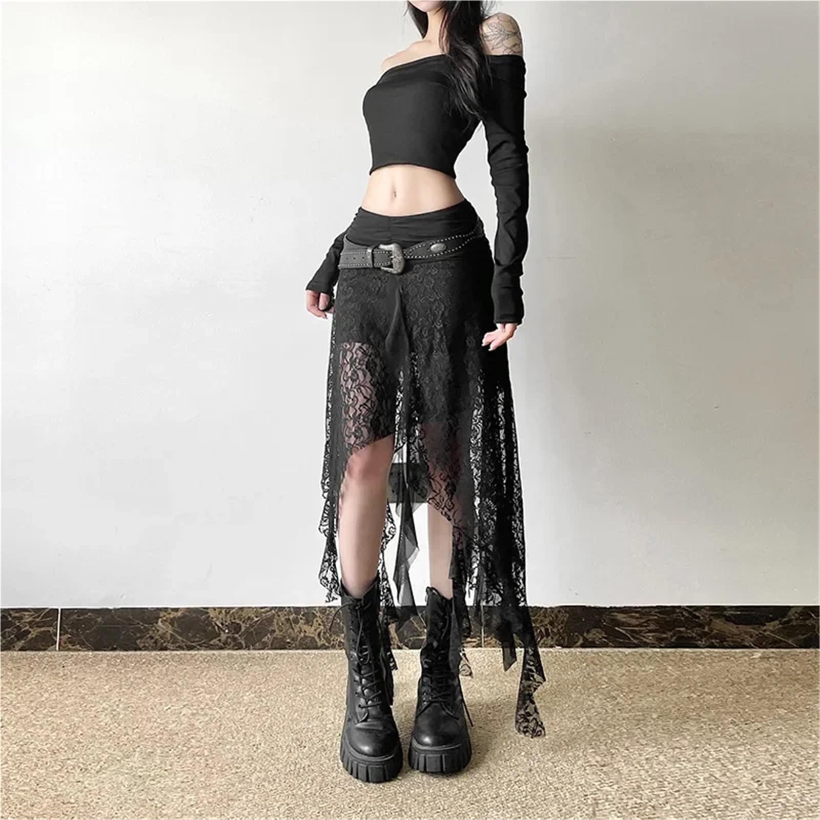 Falda Gótica Falda Larga Irregular de Encaje Estilo gótico con Dobladillo de Cinta, Faldas fluidas, estética Vintage