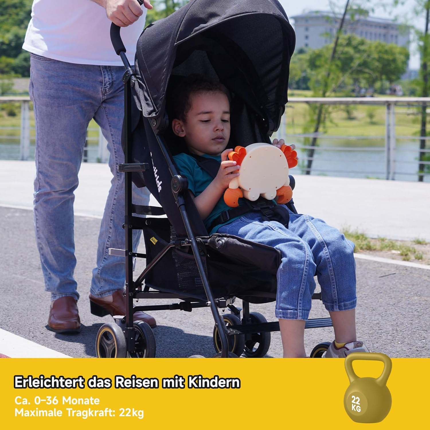 Jovikids Kinderwagen, Buggy Klein Zusammenklappbar mit Liegefunktion, Klappbar Reisebuggy bis 22kg Inkl. Sonnenverdeck, Regenverdeck und Getränkehalter (Grau) (Schwarz)