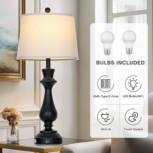 Vista 3 de Modern Black Table Lamps Set of 2 for Living Room,30" Tall Bedside Lamp with USB Charging Port,3-Way Dimmable Touch Nightstand Lamp for Bedroom Desk