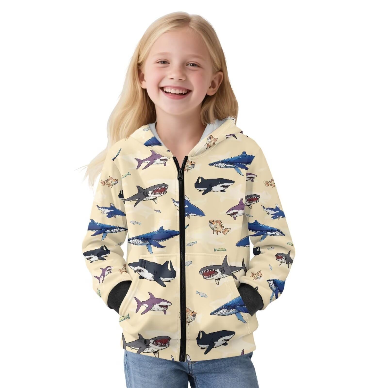 Xoenoiee Dziecięce bluzy z kapturem dla chłopców, zapinana na zamek, bluza 3D, fajna grafika zwierzęca, sweter z długim rękawem, top na jesień i zimę, Beżowe rekiny, 6-8 Years