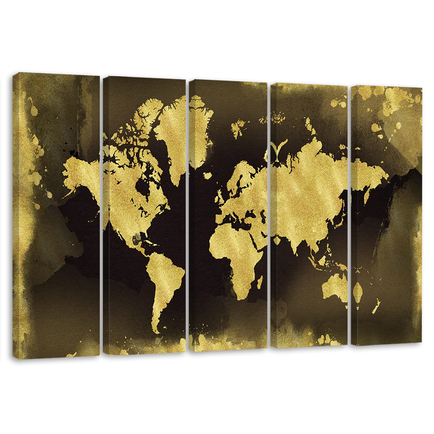 Feeby Cuadro 200x100 cm Mapa del mundo Continentes 5 Piezas Impresión en Material Tejido no Tejido Modernos Artística Imagen Decoración De Pared Salon Dormitorio Oficina Mapa de contorno Dorado