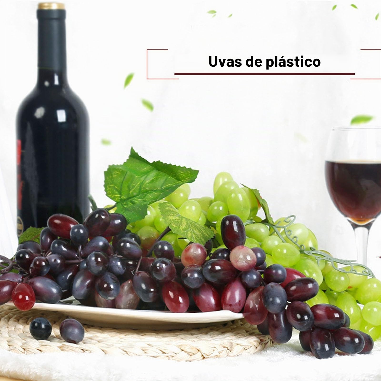Juego de 7 uvas artificiales de plástico (3 uvas artificiales, para decoración de vino, soporte de frutas artificiales, 7 unidades)