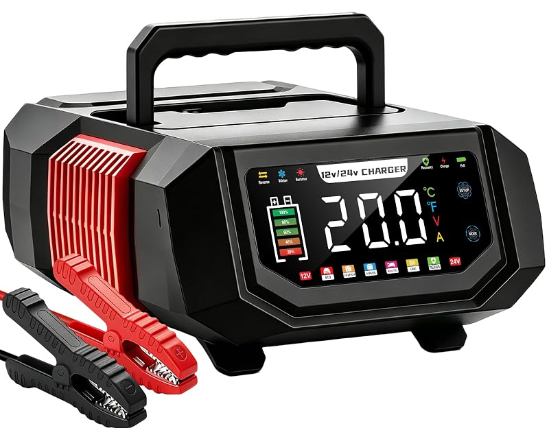 Carregador e mantenedor de bateria AIYONFEI 12 V/24 V, 20 A, automático, com display LED, vermelho