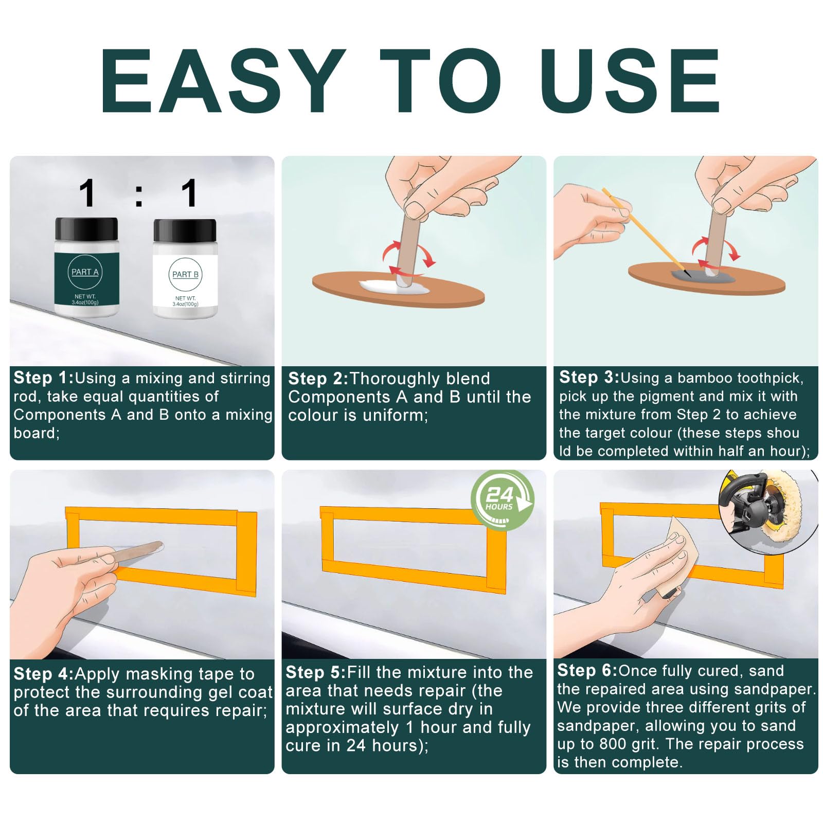 Gel Coat Repair Kit für Boote, Gelcoat Repair Kit für die Reparatur, von Glasfaserbooten Reparatur Chips Risse Gruben Von Kratzern, Löchern, Rissen